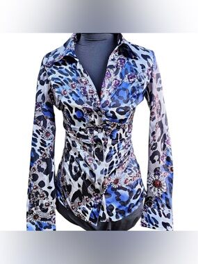 Vtg 90s Y2K Cache silk leopard jewel chain corset button shirt top baroque XS